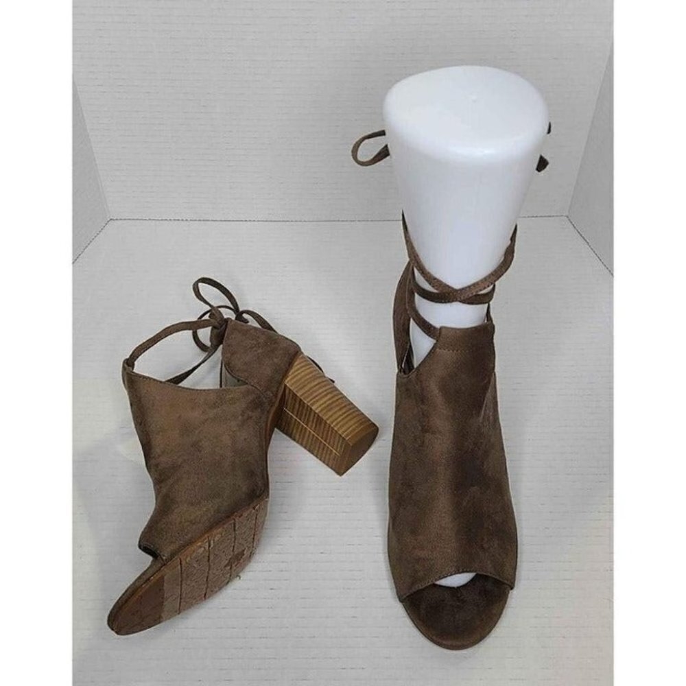 BC Vegan Brown Strappy Ankle Tie Open Toe Chunk Heel Shoe Size 11